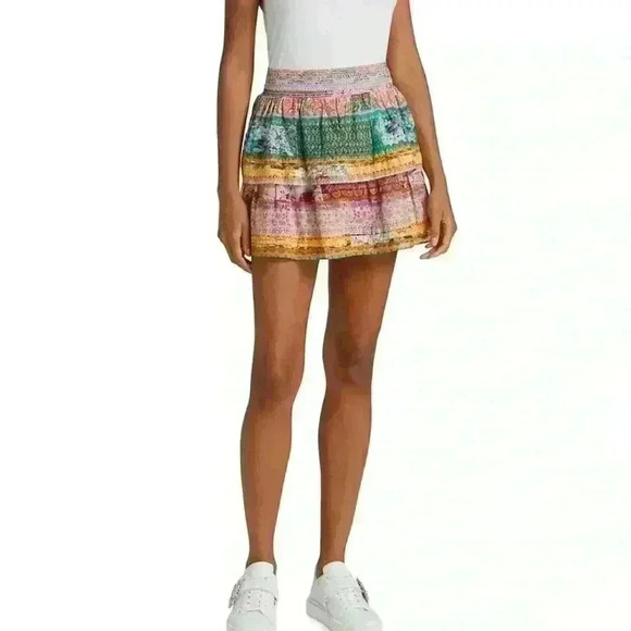 Alice + Olivia NWT Jojo Smocked Ruffled Mini Skirt Floral Multicolor Size 2 - Picture 3 of 6